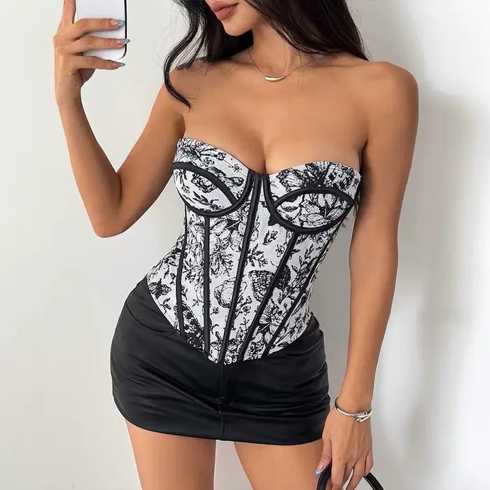 Hauts de lingerie rétro français, Corset à nouer à la taille, Corset imprimé sans bretelles pour fem