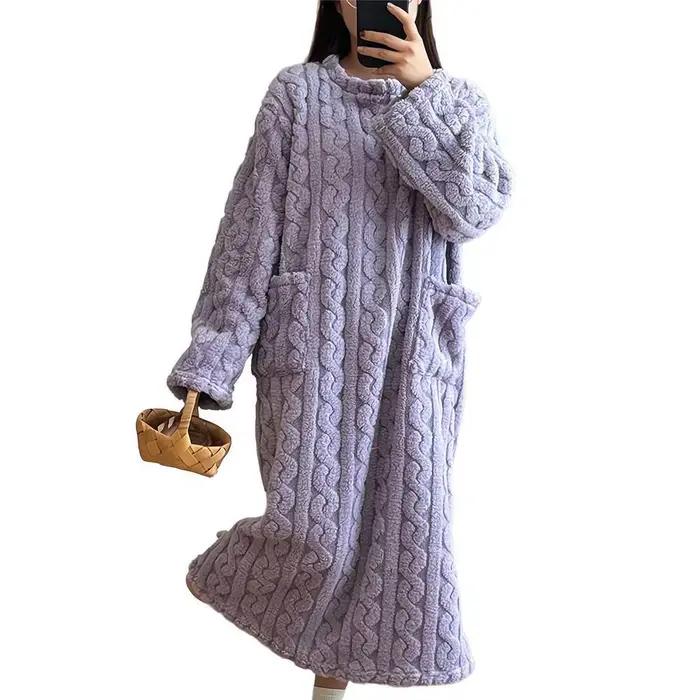 Hiver femmes flanelle chemises de nuit à manches longues Double poche ample solide vêtements de nuit