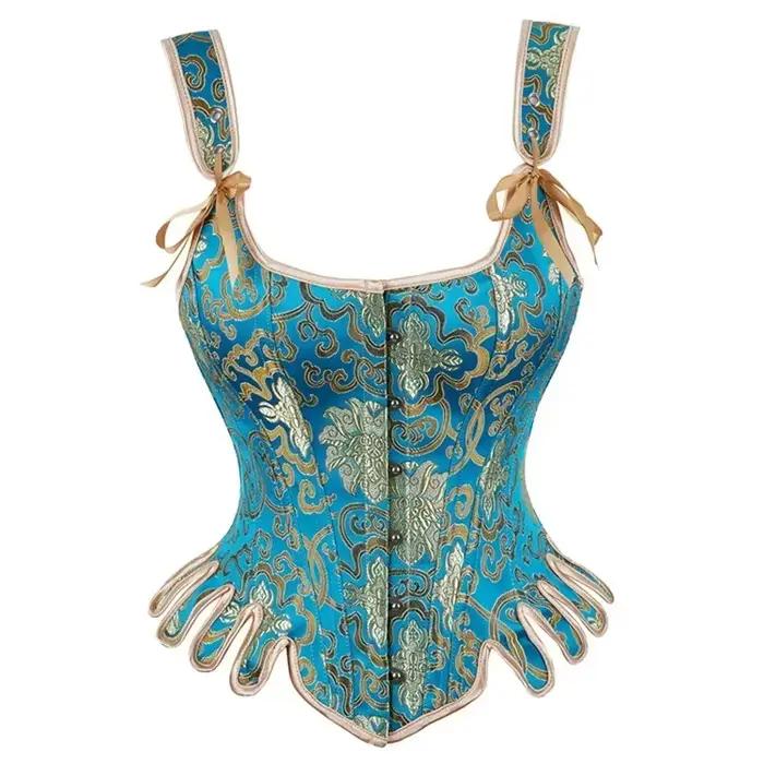 Top Corset bleu brodé Vintage avec sangle devrait pour femmes, Bustier gothique Sexy, Renaissance, s