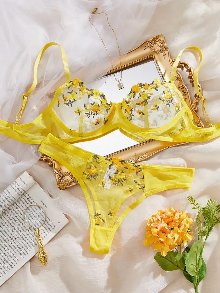 Ensemble de lingerie féminine transparente jaune, bralette et culotte 2 pièces, broderie florale
