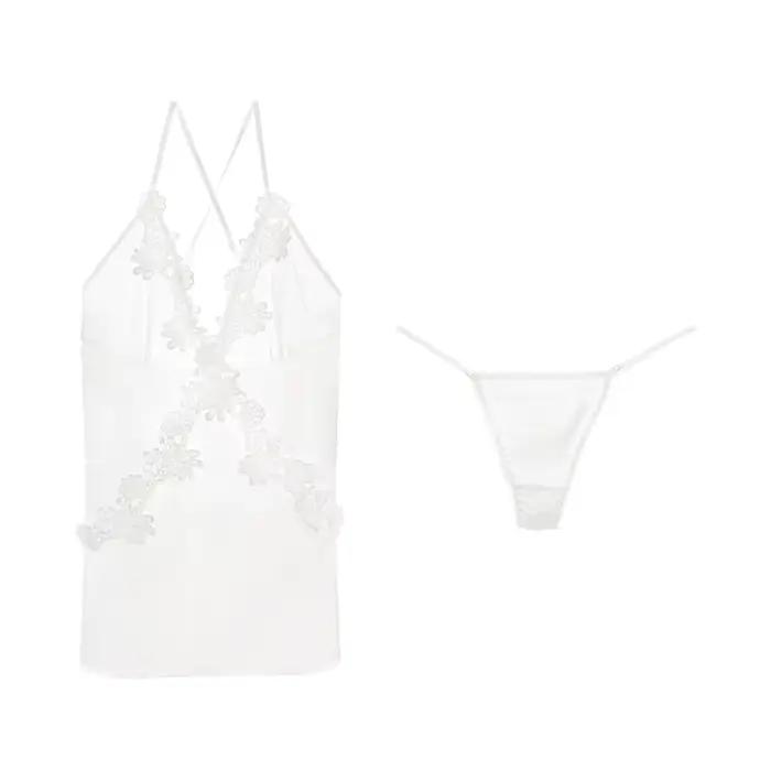 Meet'r Satin vêtements de nuit femmes Sexy broderie dos nu chemise de nuit col en v pyjama avec stri