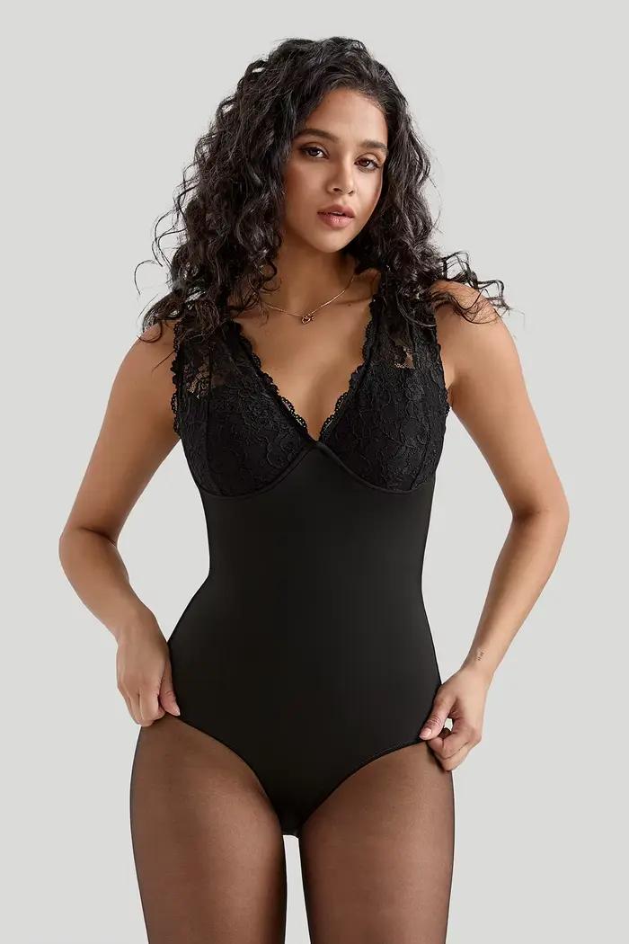 Body Femme 2026 Tendance Été Dentelle Crochet Sexy Col V Push-Up Moulant Ajusté Quotidien Une Pièce 
