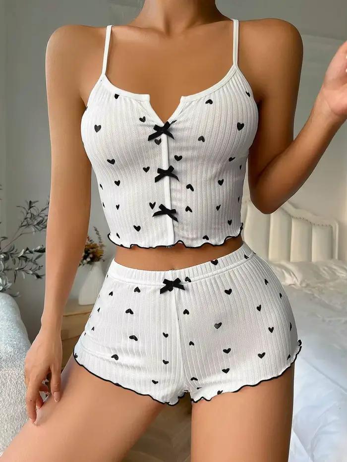 Costume de pyjama à bretelles, short, Sexy, imprimé nœud, costume en soie de lait, confortable, vête