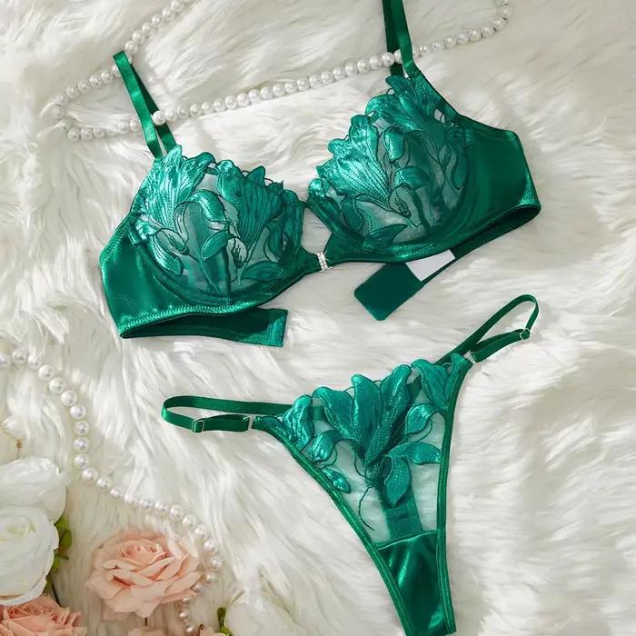 Ensemble de Lingerie Sexy brodé de fleurs pour femmes, Bralette transparente à armatures, soutien-go