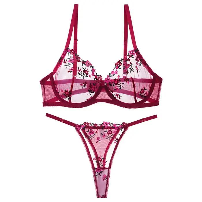 2025 nouveau vin rouge broderie fleur transparente Lingerie femme Push Up ventiler sous-vêtements G-
