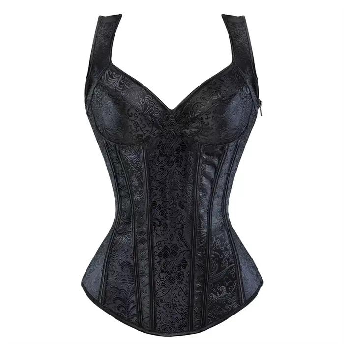 Corset avec Bretelles pour Femme, Noir, Overbust, Floral, Jacquard, Fermeture Éclair, Top, Gothique,