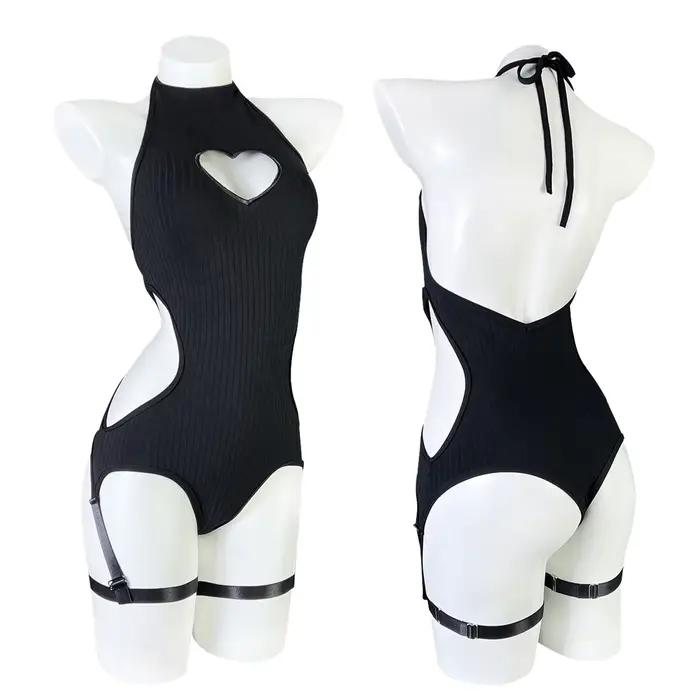 KORURACLUB femme lingerie noire tricot dos nu body corset coeur forme haut sexy egirl combinaison je