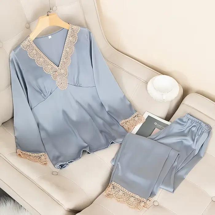 Ensemble pyjama en Satin imitation soie pour femmes, vêtements de nuit, chemise et pantalon, en dent
