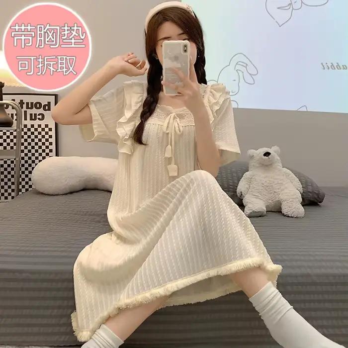 Chemise de nuit en coton grande taille avec coussinets de poitrine pour femme, pyjama de style princ