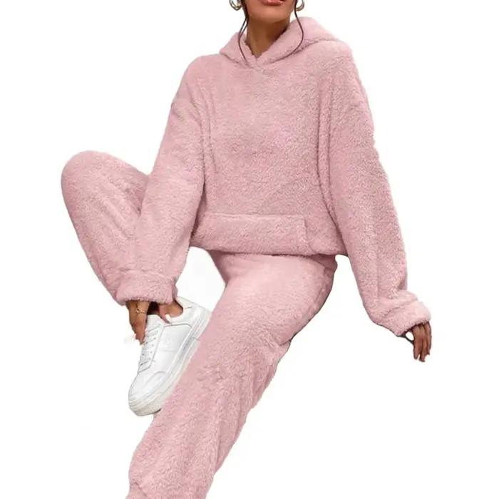 Ensemble pyjama en polaire floue pour femme, pull en peluche, sweat à capuche et pantalon, ensemble 