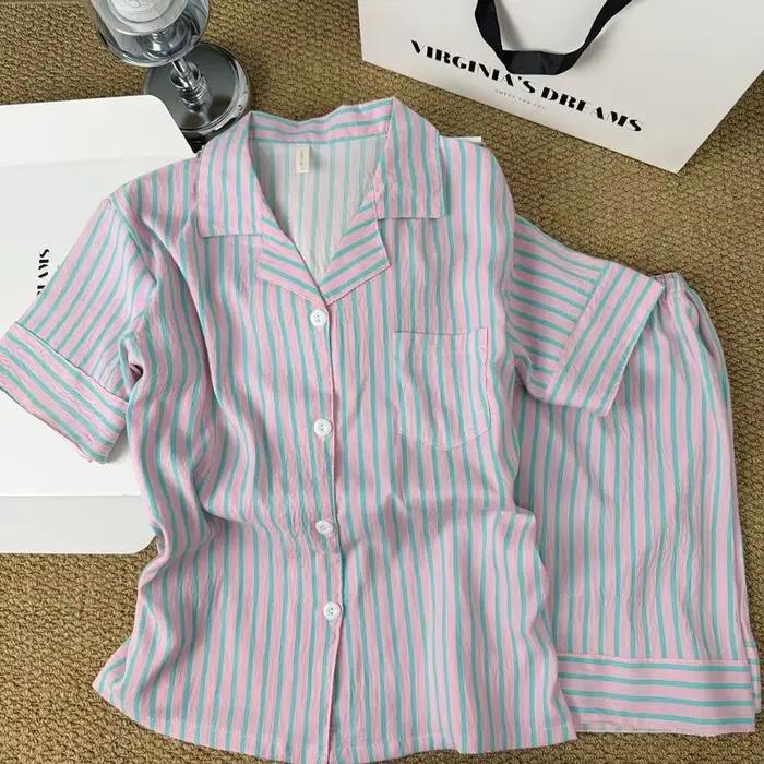 Nouveaux pyjamas rayés pour femmes, style été, ensemble de vêtements de maison confortables et respi