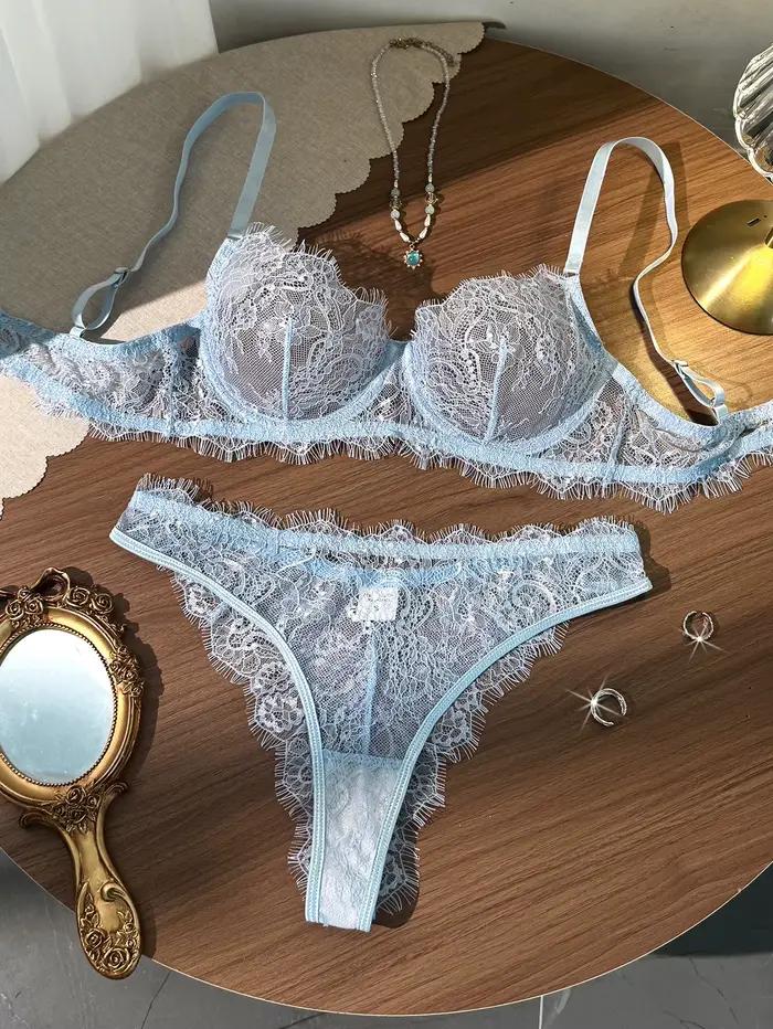 Ensemble soutien-gorge et culotte en dentelle fine de style basique pour femmes, sans couture, à œil