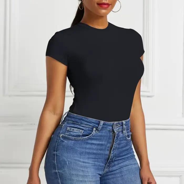 Body une pièce solide à manches courtes, col rond, Sexy, ouvert, salopette basique pour femmes, haut