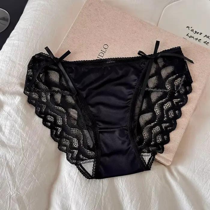 Culottes en dentelle à nœud, transparentes, sans couture, en satin de soie, taille basse, style fran