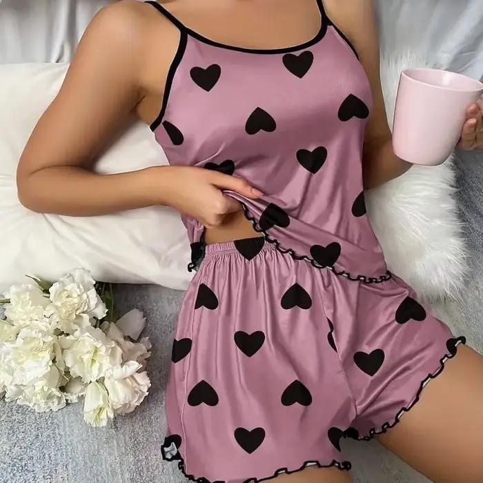 Ensemble pyjama pour femmes, T-Shirts et shorts, T-Shirt rose imprimé en forme de cœur, col rond, ha