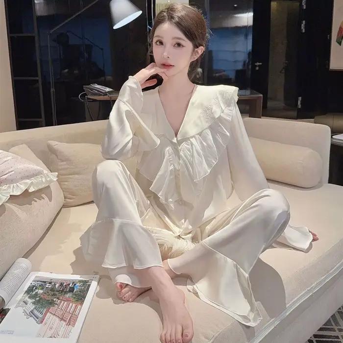 Ensemble pyjama à revers à volants pour femmes, vêtements de nuit, manches longues, pantalon, ample,