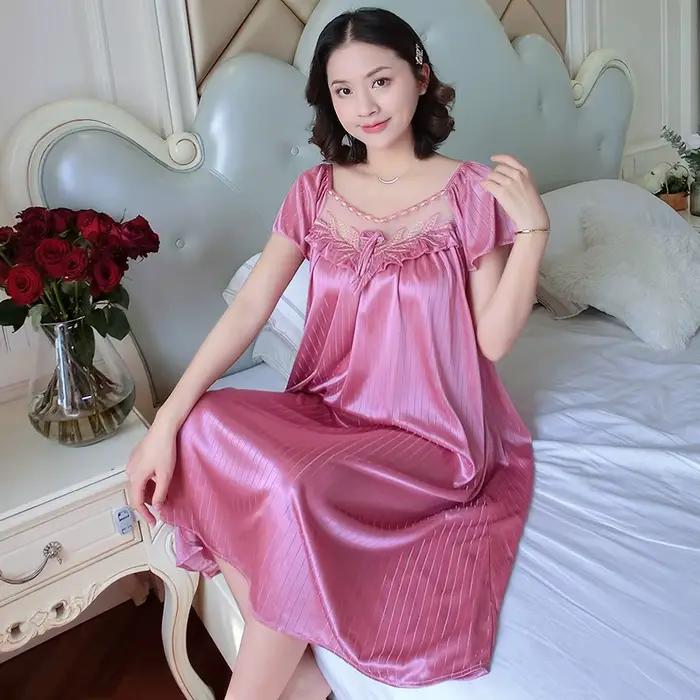 Chemise de nuit femme vêtements de détente dames chemises de nuit en soie glacée robe de nuit longue