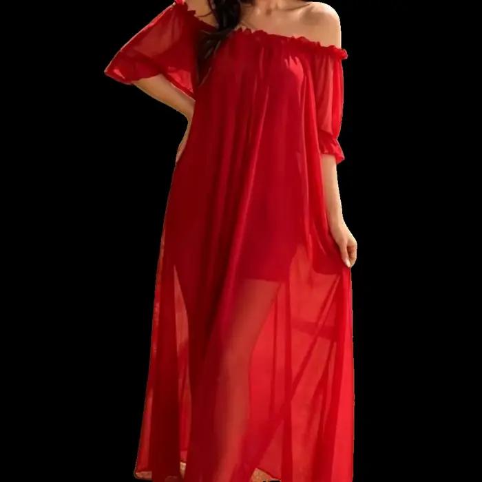 Chemise de nuit élégante transparente à épaules dénudées, col en V à volants, pour femme, en maille 