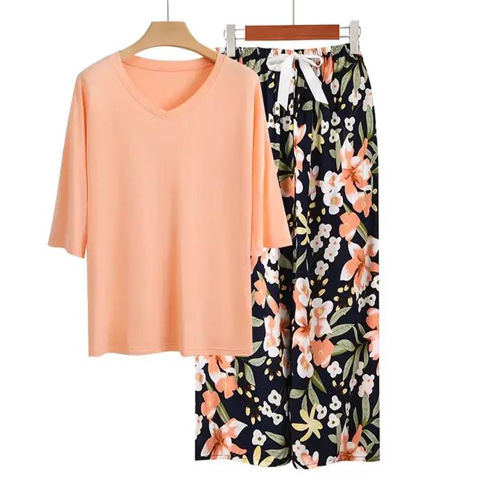 Ensemble de pyjama décontracté Printemps Été Hauts à manches courtes Pantalon long Costume élégant P