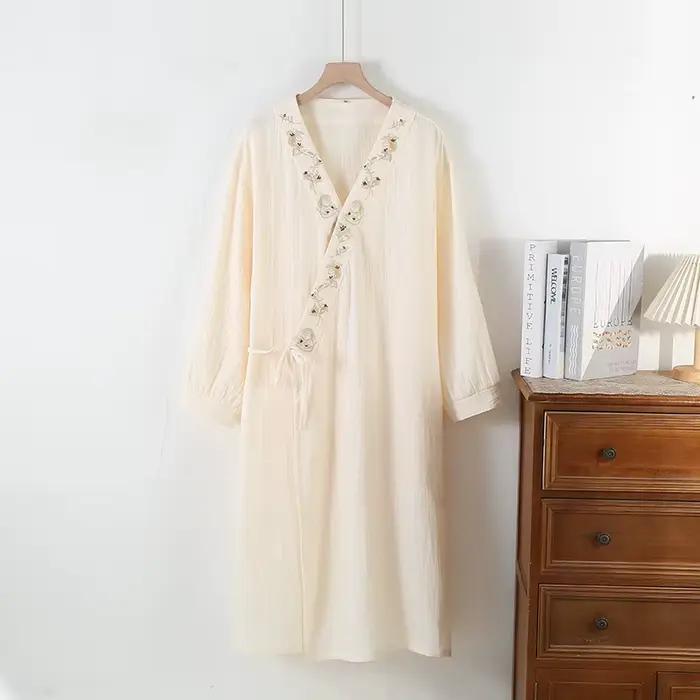 Chemise de nuit en pur coton pour femmes, gaze fine Double couche, à lacets, manches sept-quarts, vê