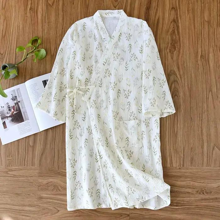 Kimono japonais 2025 nouvelle Robe femme 100% coton Robe ample fleur imprimé Robe de nuit pyjamas fe