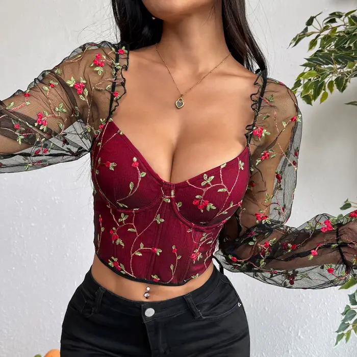 Corset sexy pour femme à manches longues, broderie florale en maille, bustier amincissant à baleines