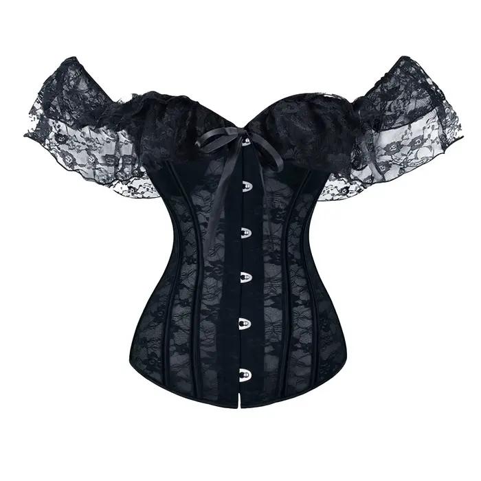 Couleur unie Satin dentelle hauts Corset Sexy épaules nues chaîne poitrine Bustier Corsets femmes Li
