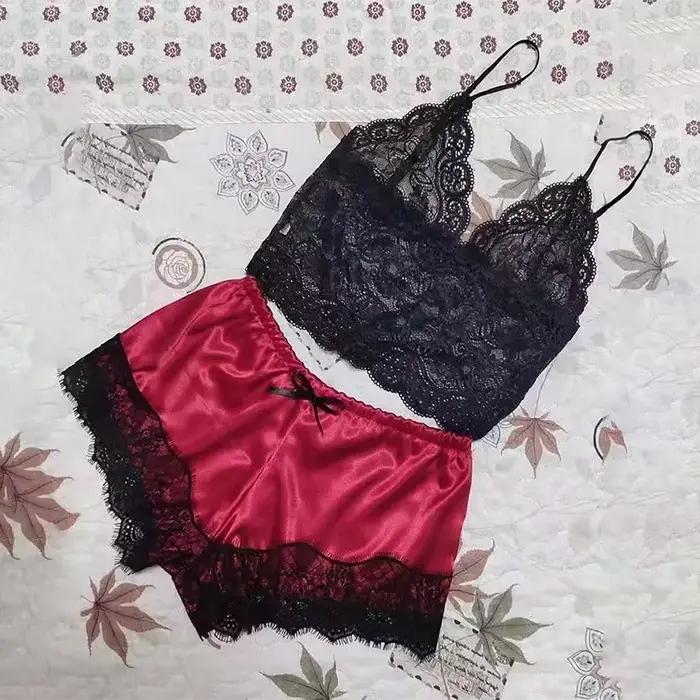 Ensemble de pyjamas en dentelle pour femmes, vêtements de nuit sexy, lingerie en fibre, col en V, en
