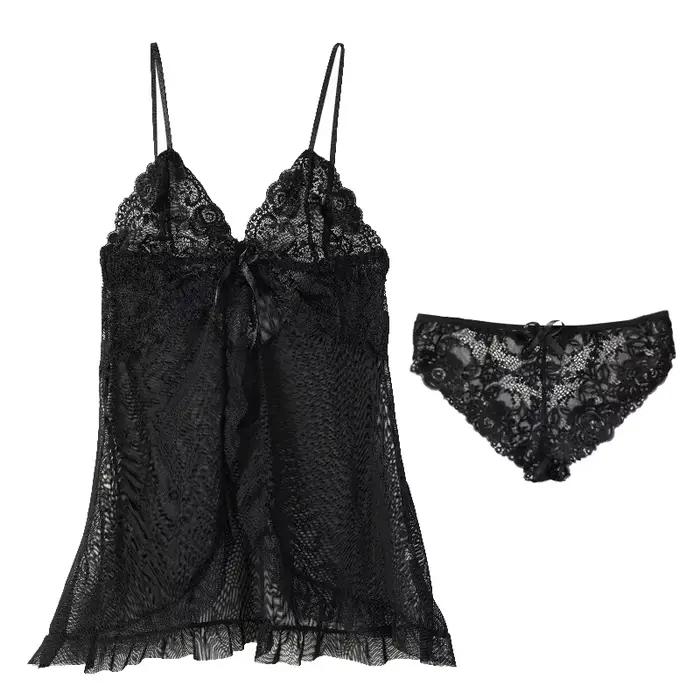 Ensemble chemise de nuit en dentelle pour femmes, vêtements de nuit transparents et sexy, col en v, 
