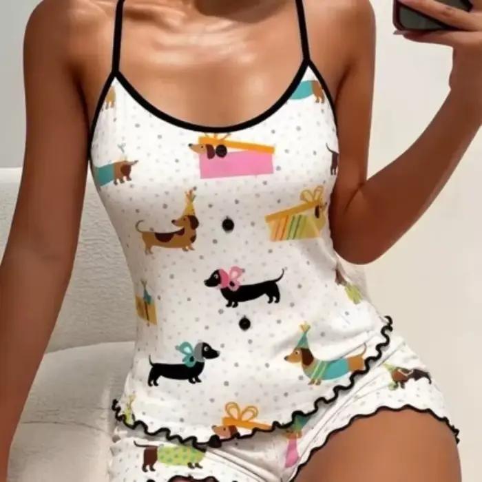 Ensemble pyjama à bretelles fines et short pour femme, imprimé Teckel, avec ourlet à volants