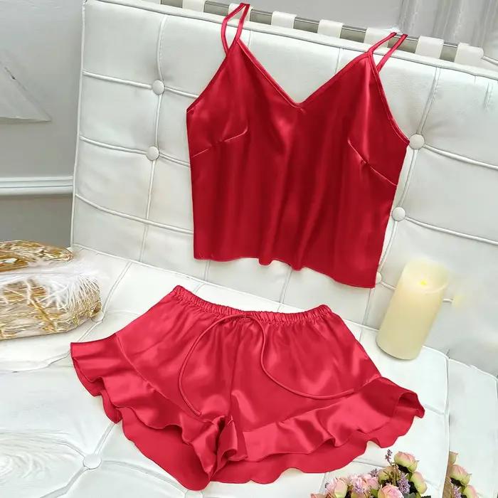 Ensemble pyjama en Satin uni, col en V, haut caraco, short à volants, vêtements de nuit pour femmes,