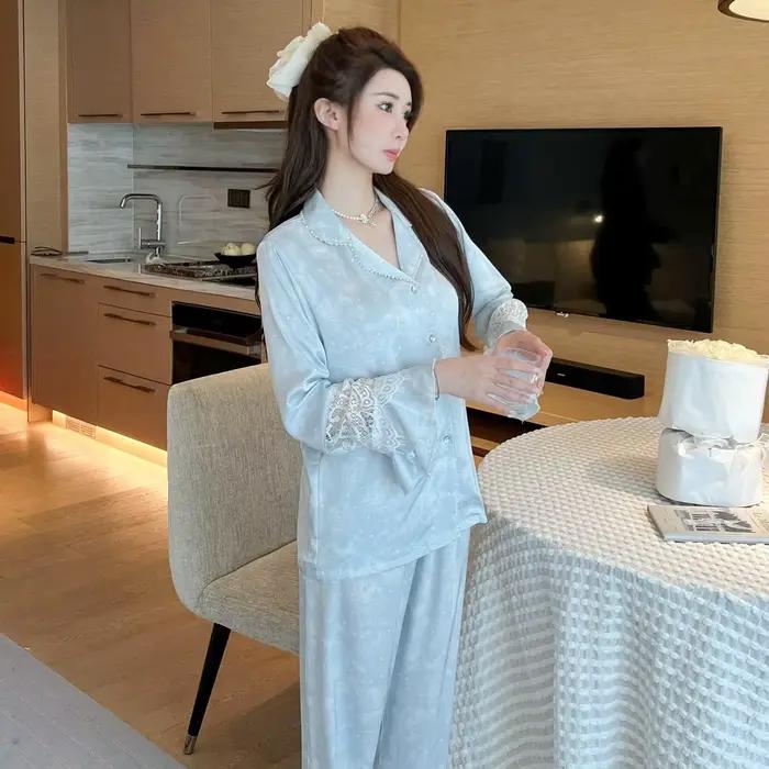 Nouveau Pyjama à manches longues ensemble femmes revers manches évasées vêtements de maison Satin Pi