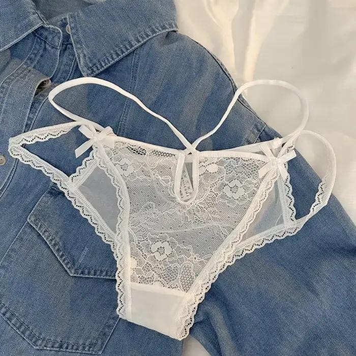 Culottes de lingerie à nœud en dentelle florale, taille basse, style français ajouré, transparentes,