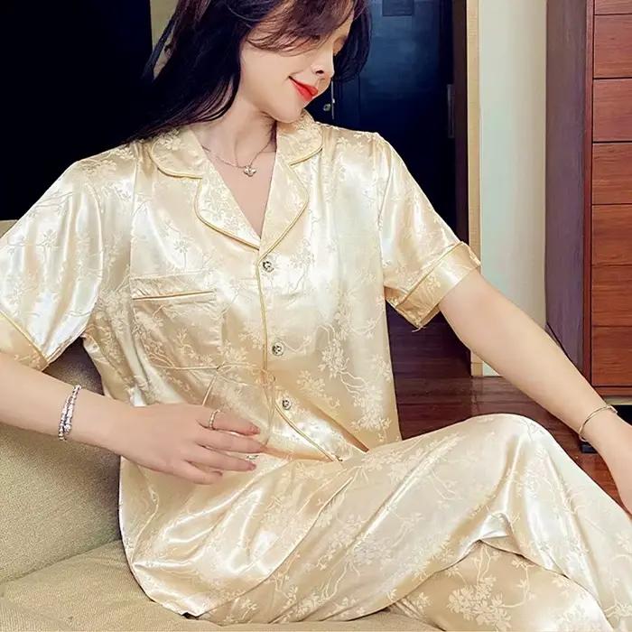 Conjuntos De Pijama nouveau Satin De soie vêtements De nuit femmes pyjama ensembles revers manches c