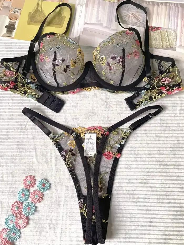 Yimunancy ensemble de Lingerie brodée florale femmes pure 2 pièces Boho soutien-gorge + culotte ense
