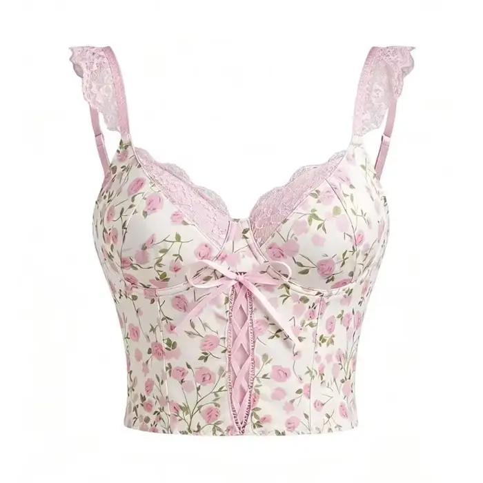 Haut corset à imprimé floral rose doux pour femme – Bustier court avec détail de nœud en dentelle, s