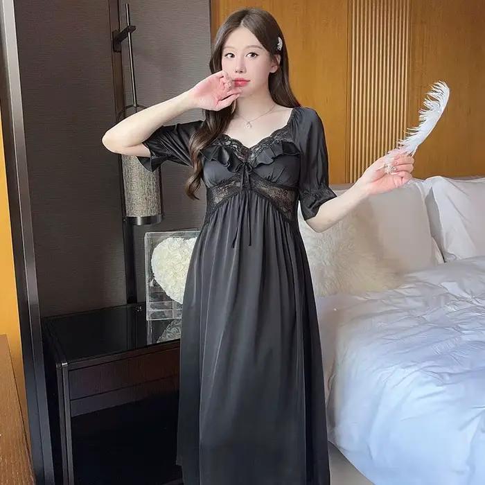 Nouvelle Robe de Nuit Sexy en Soie Glacée et Dentelle à Col en V à Manches Courtes pour Femme – Coll