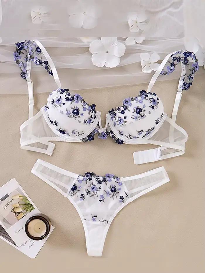 Ensemble de lingerie sexy avec broderie florale, lingerie push up, soutien-gorge transparent, 2 pièc