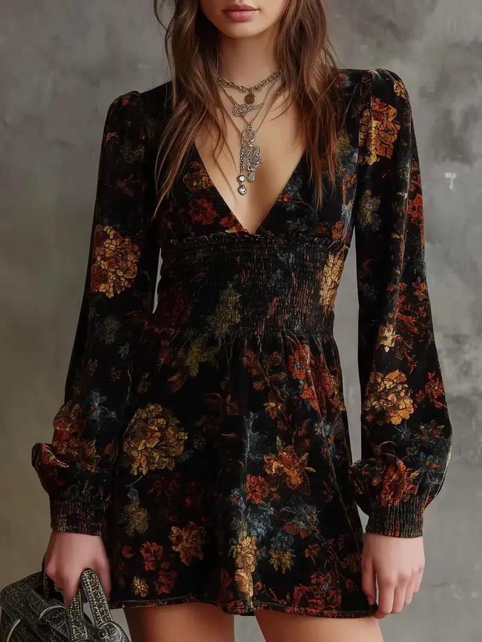 Robe Vintage élégante en velours imprimé Floral, col en v, taille Sexy, manches longues, ligne a, la