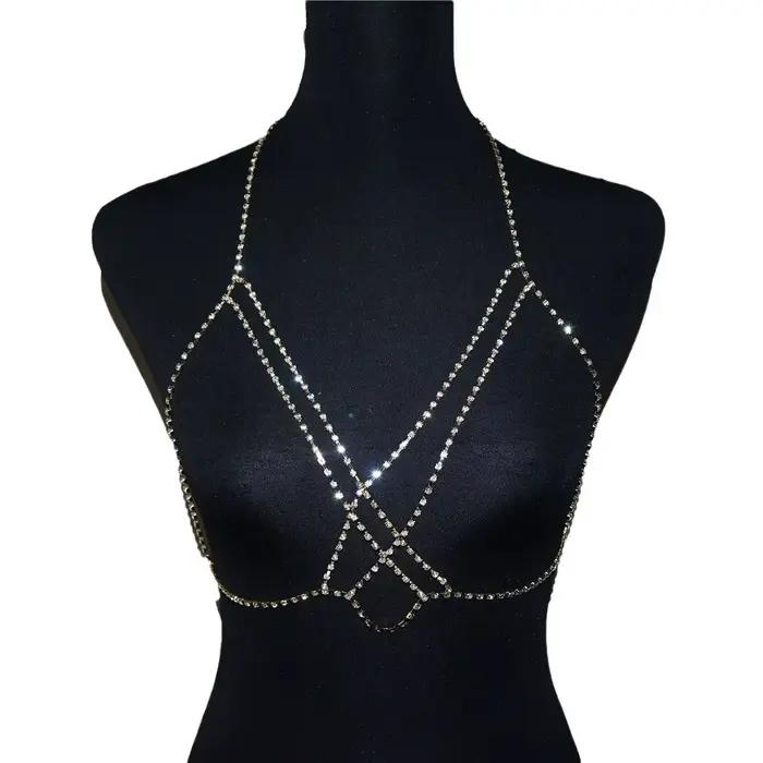 Soutien-gorge en strass réseau croisé brillant, chaîne de corps exagérée pour femmes, chaîne de sout