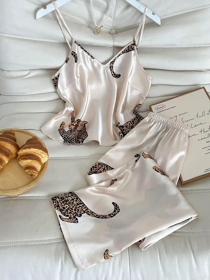 Ensemble pyjama imprimé léopard pour femme, haut simple à col en V avec pantalon à taille élastique,