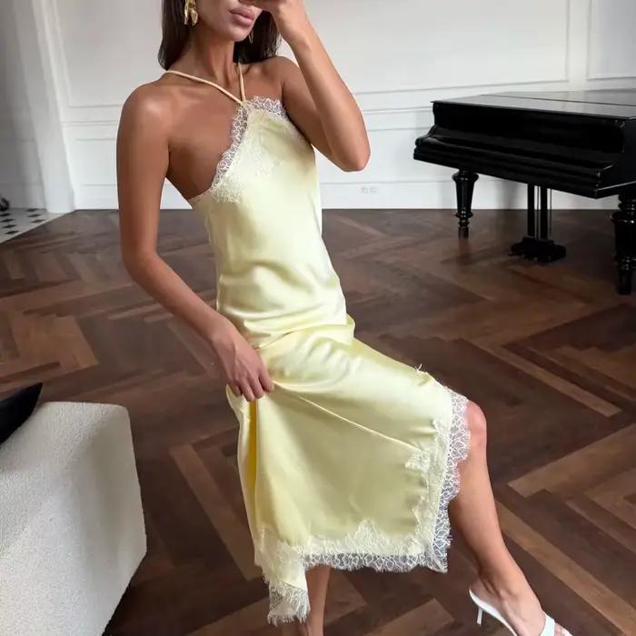 Robe nuisette en satin et dentelle pour femme, sexy, à col licou, asymétrique, longueur midi, élégan