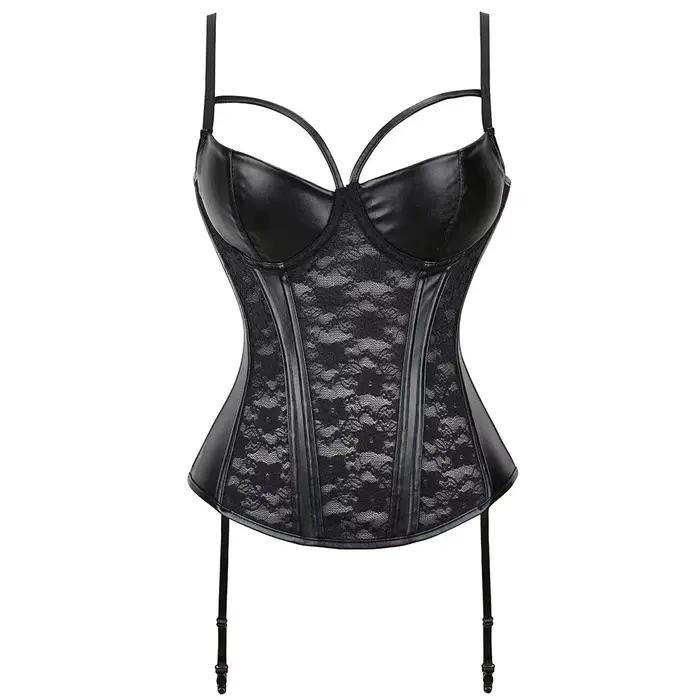 Corset en cuir et dentelle pour femme, haut rembourré, bretelles réglables, soutien-gorge de style p