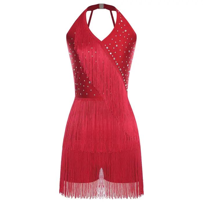 Combinaison de danse Tango Salsa latine pour femmes, sans manches, Design strass scintillants, frang