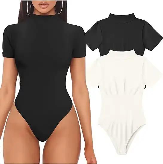 Body à col roulé et manches courtes pour femmes, hauts Sexy, vêtements d'été une pièce, noir et blan