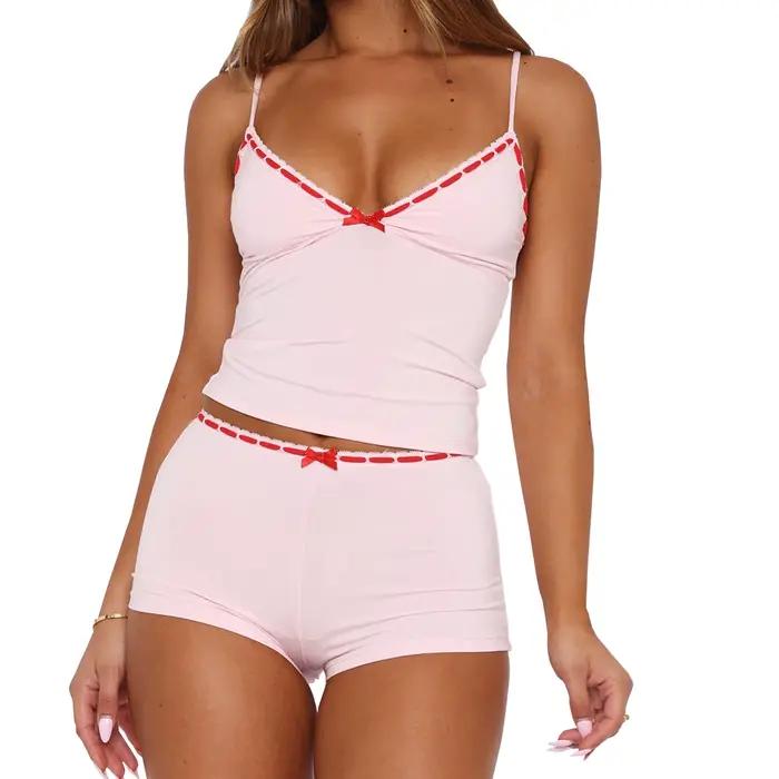 Ensemble pyjama 2 pièces pour femmes, vêtements de détente, avec nœud décoratif, col en v, sans manc