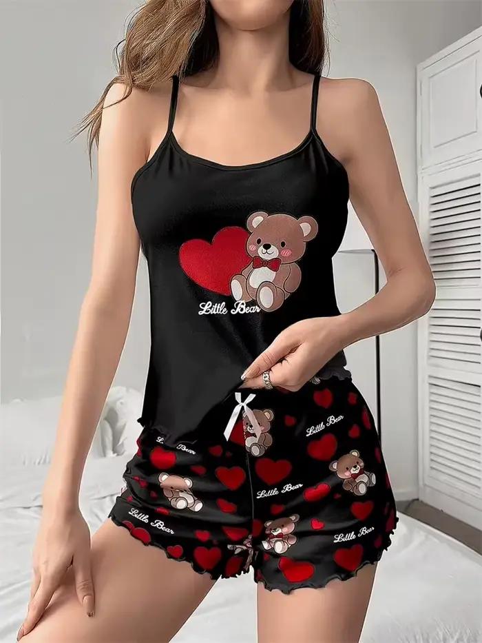 Ensemble pyjama et short pour femmes, vêtements de maison, ours mignon + cœur de pêche rouge imprimé