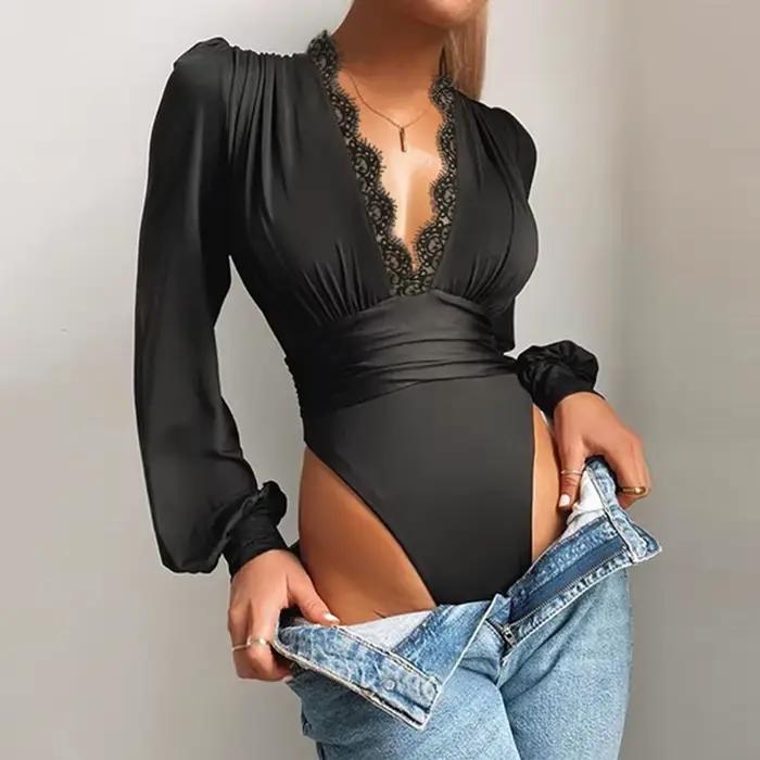 Body sexy en dentelle appliquée à manches longues pour femme, body en maille, décolleté plongeant, d