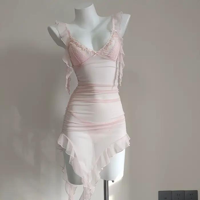 Robe de nuit à bretelles pour femmes, nouveau Design, plis irréguliers, maille fine transparente, co