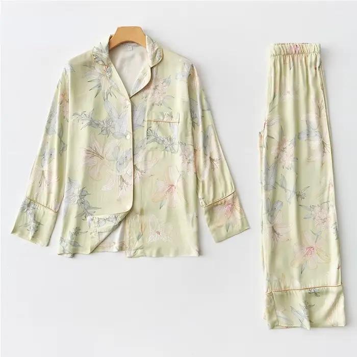 Ensemble pyjama de luxe à fleurs pour femmes, vêtements de détente en Viscose semblable à de la soie